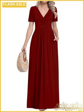 Women's Maxi Dress Short Sleeve V-Neck A-Line Pockets Casual Long Dress